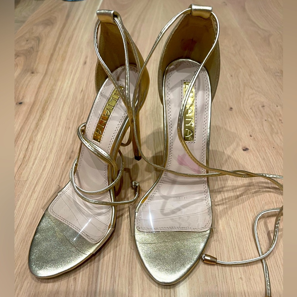 Gold tie up open toe sandal size 6.5